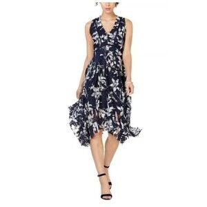 Just Taylor Midi Dress Size 10 Navy & White Lace Eyelet Handkerchief Hem